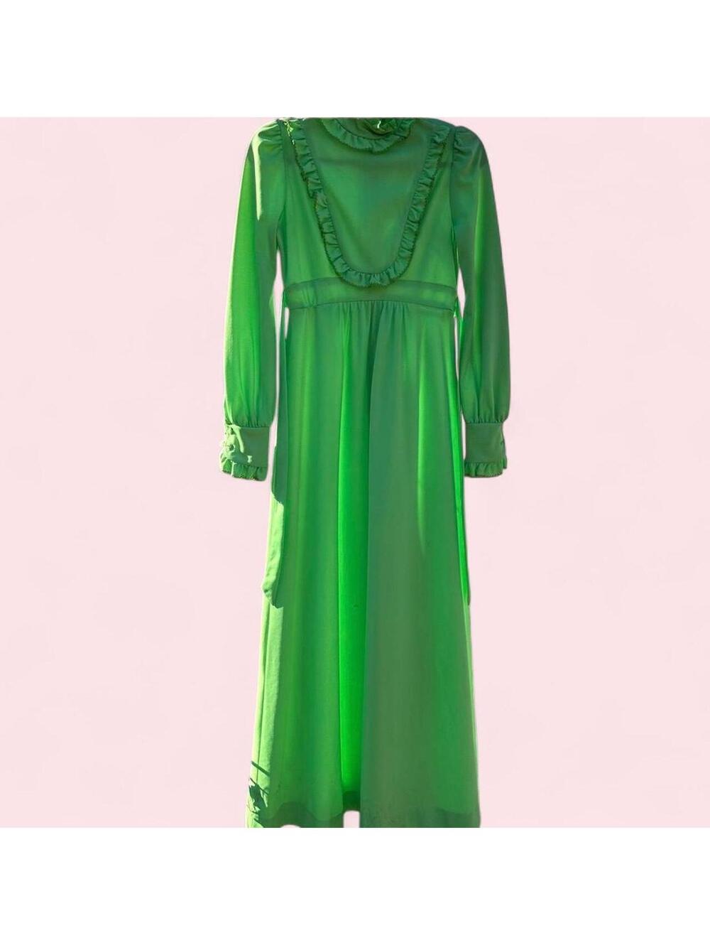 American Vintage Lime Green Handmade 70's Victorian Style Maxi Dress with Ruffle